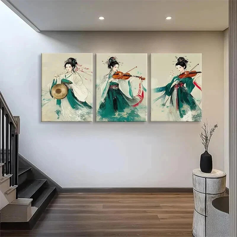 3pcs Women Playing Musical Instruments Perfect Wall Art Set Canvas Framed 40x60cm - High Quality Print 100% Australian Made Wall Canvas Ready to Hang