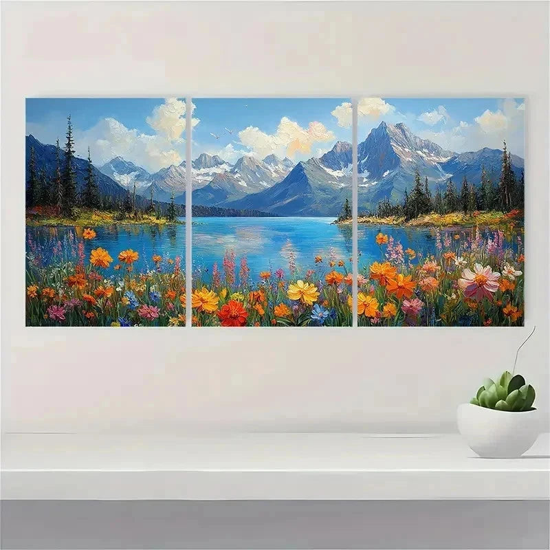 3pcs Mountain Scenery Colorful Flower Perfect Wall Art Set Canvas Framed 40x60cm - High Quality Print 100% Australian Made Wall Canvas Ready to Hang