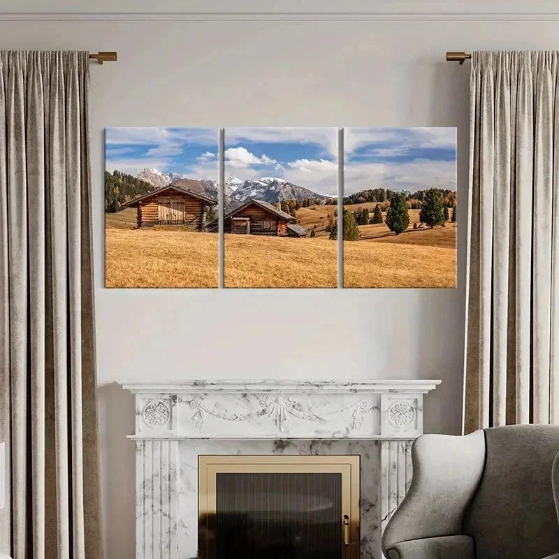 3pcs Plateau Mountains and Huts Modern Wall Art Set Canvas Framed 40x60cm - High Quality Print 100% Australian Made Wall Canvas Ready to Hang