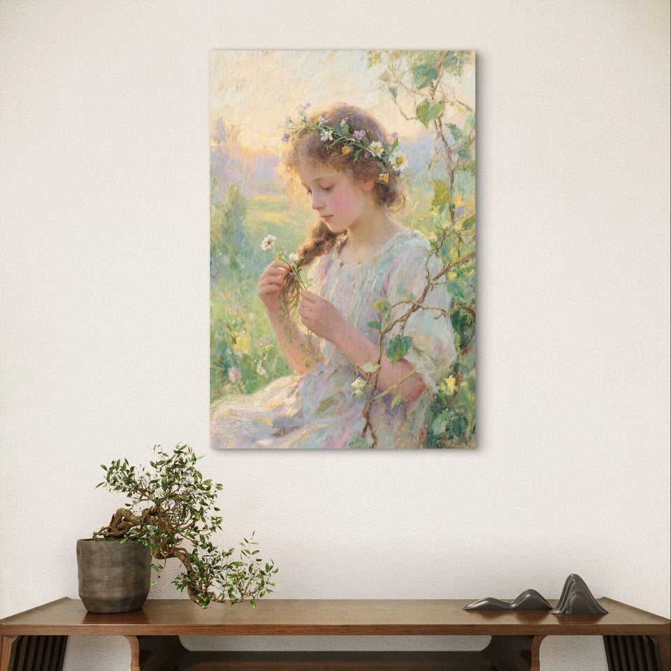 Classical Vintage Girl with Flowers Painting 40x60cm Metal Print Ready to Hang