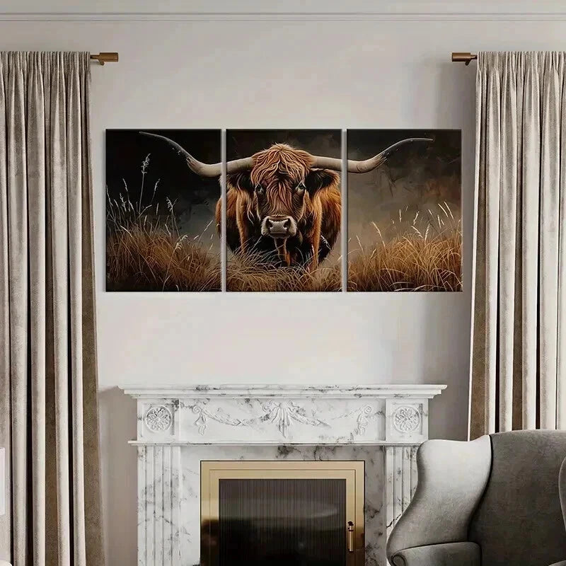 3pcs Scottish Highland Cow In Grass Wall Art Set Canvas Framed 40x60cm - High Quality Print 100% Australian Made Wall Canvas Ready to Hang