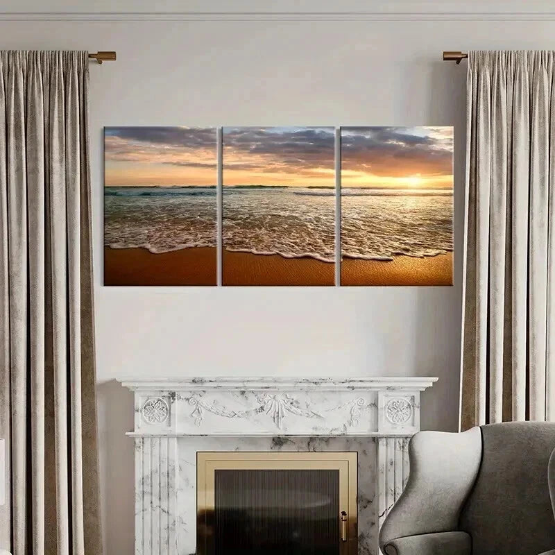 3pcs Natural Landscape Art with Sunset and Waves Wall Art Set Canvas Framed 40x60cm - High Quality Print 100% Australian Made Wall Canvas Ready to Hang