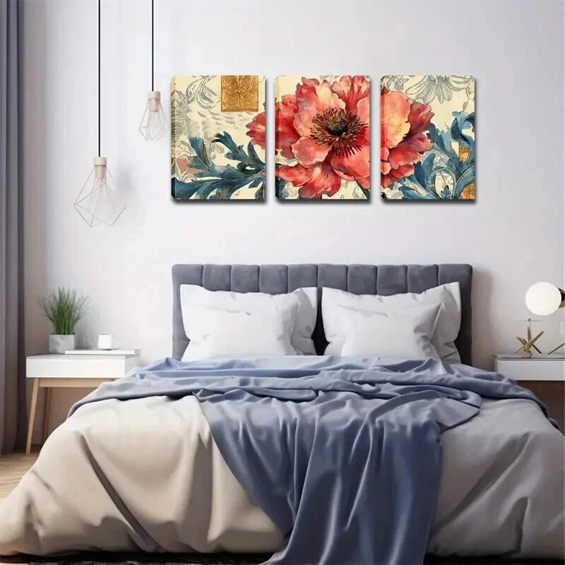 3pcs Vibrant Red Flowers & Green Leaves Perfect Wall Art Set Canvas Framed 40x60cm - High Quality Print 100% Australian Made Wall Canvas Ready to Hang