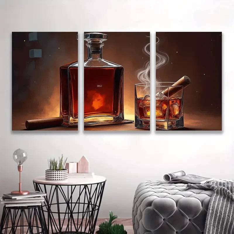 3pcs Whiskey And Cigar, ART Wall Art Set Canvas Framed 40x60cm - High Quality Print 100% Australian Made Wall Canvas Ready to Hang