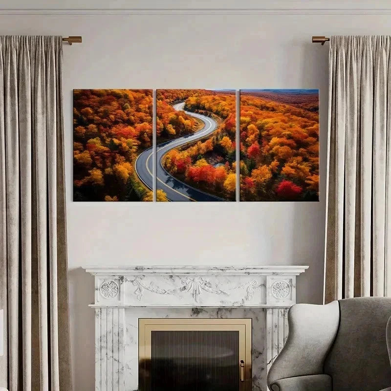 3pcs Golden Leaves Road Modern Decoration Wall Art Set Canvas Framed 40x60cm - High Quality Print 100% Australian Made Wall Canvas Ready to Hang