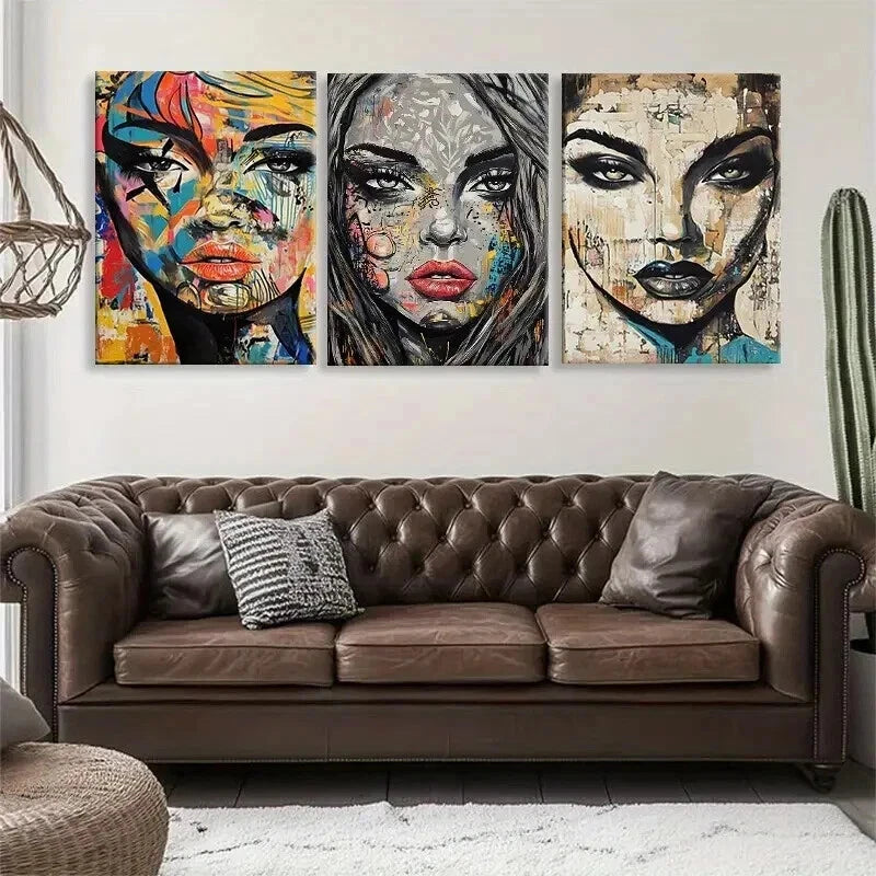 3pcs Colorful Faces with Mixed Media Perfect Wall Art Set Canvas Framed 40x60cm - High Quality Print 100% Australian Made Wall Canvas Ready to Hang