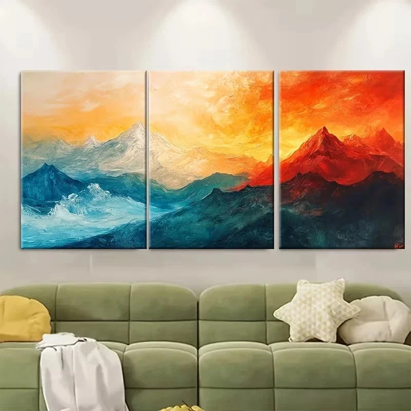 3pcs Vibrant Sunset & Snowy Peaks Wall Art Set Canvas Framed 50x70cm - High Quality Print 100% Australian Made Wall Canvas Ready to Hang