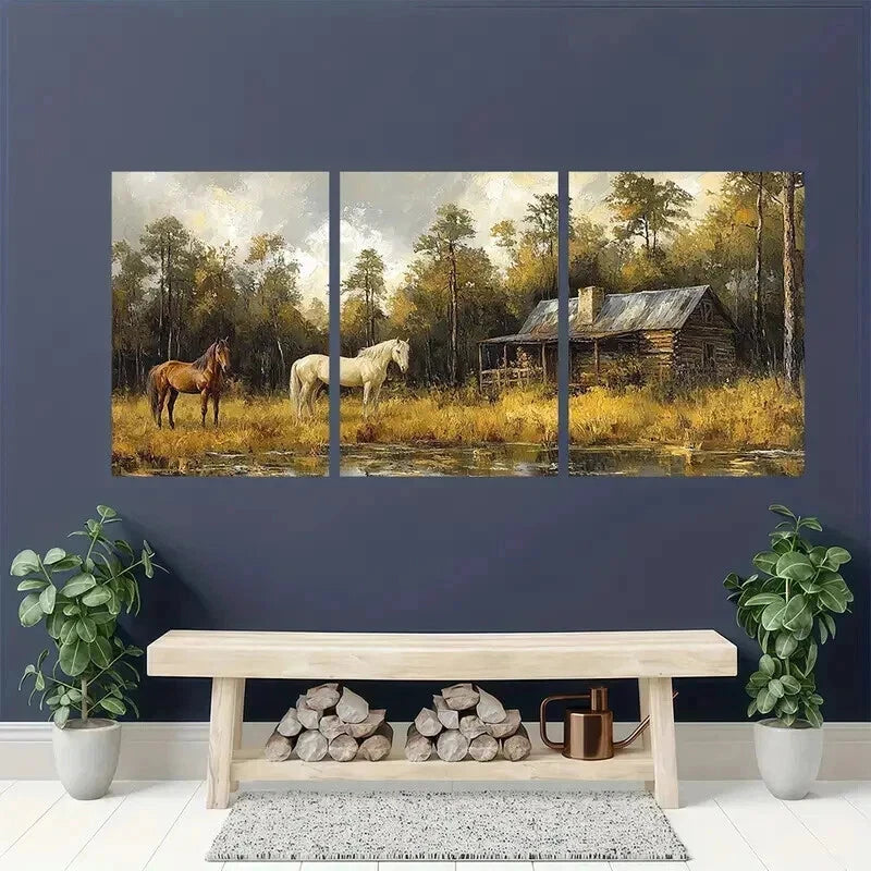 3pcs Green Forest Cabin Horse Abstract Painting Wall Art Set Canvas Framed 40x60cm - High Quality Print 100% Australian Made Wall Canvas Ready to Hang