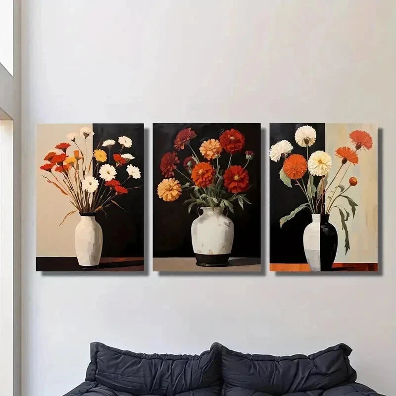 3pcs Colorful Flowers in Black & White Vases Wall Art Set Canvas Framed 40x60cm - High Quality Print 100% Australian Made Wall Canvas Ready to Hang