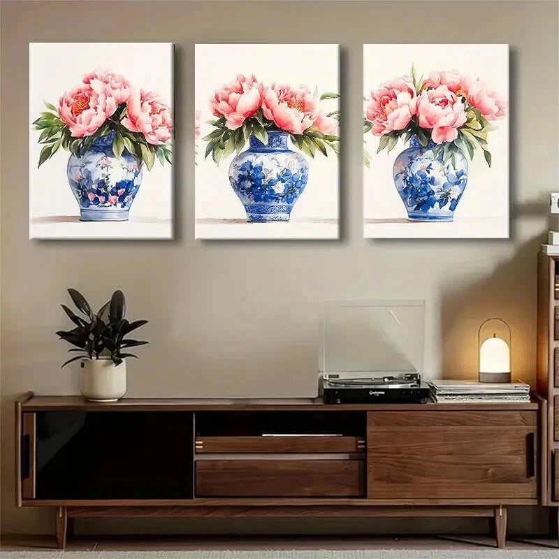 3pcs Blue and White Porcelain Vase Perfect Wall Art Set Canvas Framed 40x60cm - High Quality Print 100% Australian Made Wall Canvas Ready to Hang