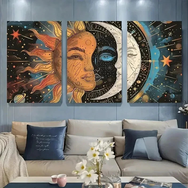 3pcs Sun and Moon Motifs Space Abstract Perfect Wall Art Set Canvas Framed 40x60cm - High Quality Print 100% Australian Made Wall Canvas Ready to Hang