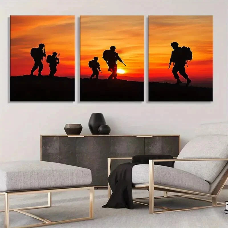3pcs Military Soldiers Sunset Patriotic Perfect Wall Art Set Canvas Framed 40x60cm - High Quality Print 100% Australian Made Wall Canvas Ready to Hang