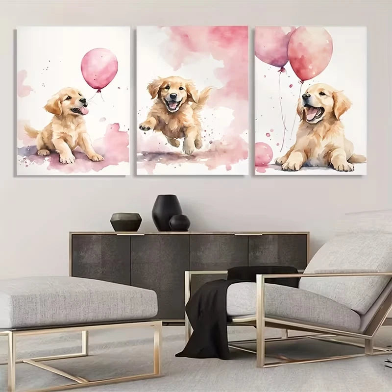 3pcs Golden Retriever Watercolor Paintings Wall Art Set Canvas Framed 50x70cm - High Quality Print 100% Australian Made Wall Canvas Ready to Hang