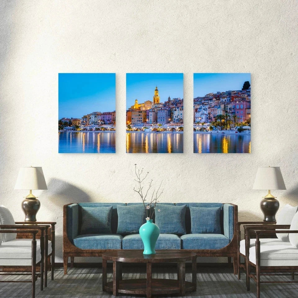 3pcs Mediterranean Village After Sunset Glow Wall Art Set Canvas Framed 40x60cm - High Quality Print 100% Australian Made Wall Canvas Ready to Hang