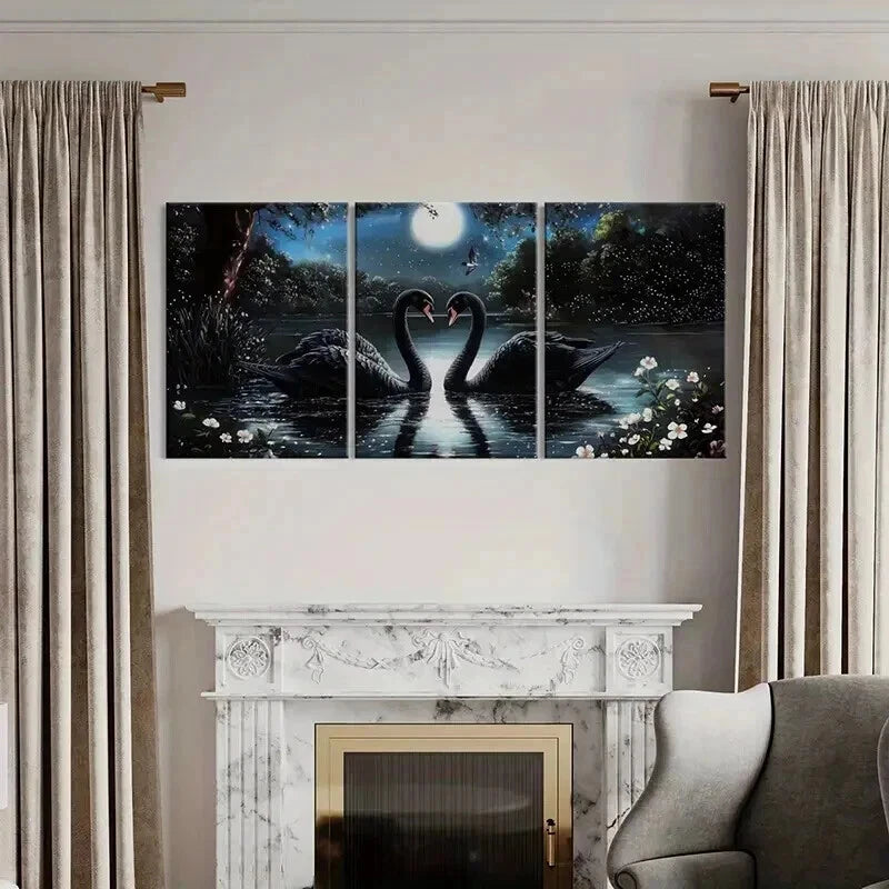 3pcs Black Swan Moonlit Night Serene Lake Wall Art Set Canvas Framed 40x60cm - High Quality Print 100% Australian Made Wall Canvas Ready to Hang