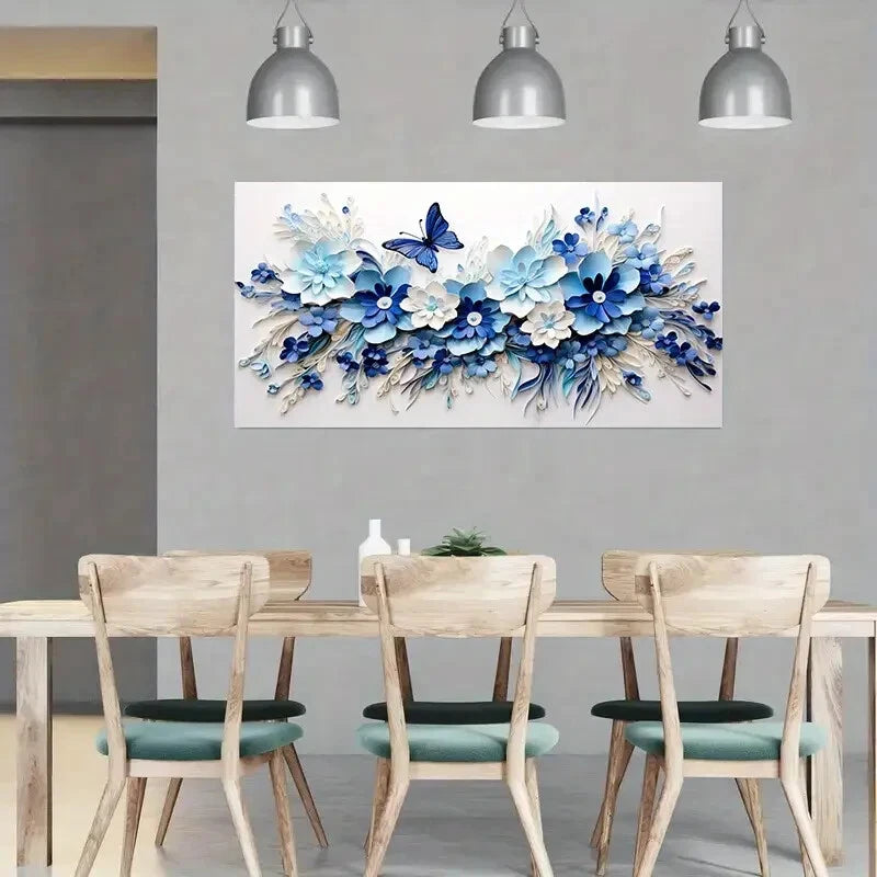 Blue Floral & Butterflies wall canvas office home room framed 120x60cm - Bella Home Decor