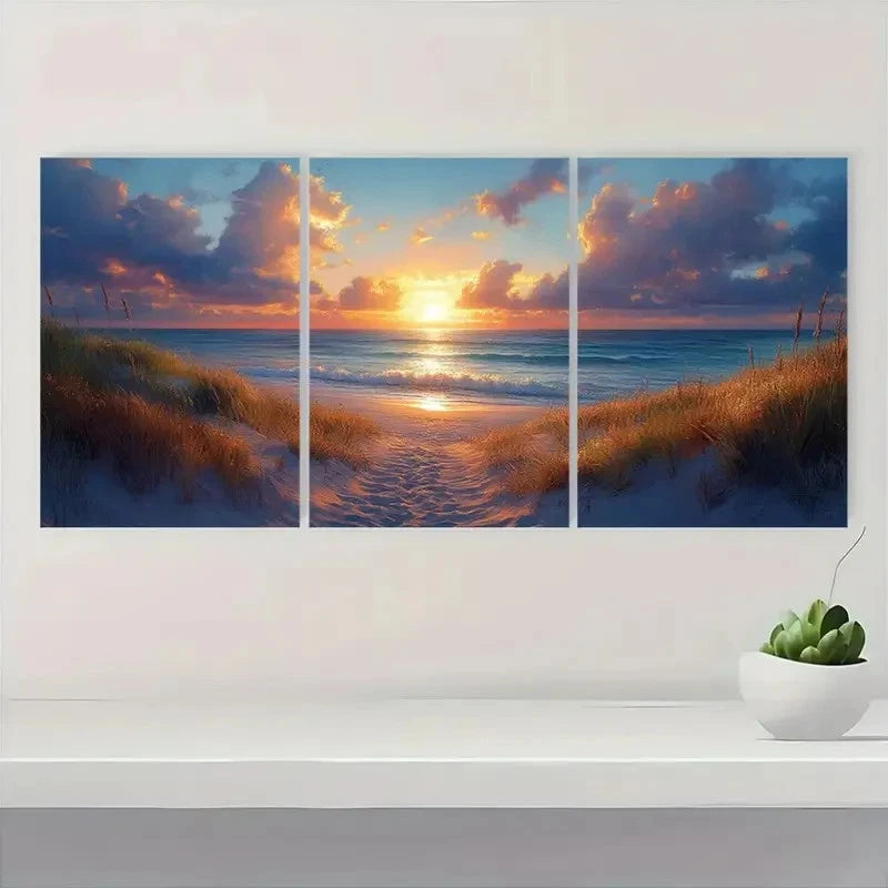 3pcs Lateral Beach Sunset Modern Landscape D Wall Art Set Canvas Framed 40x60cm - High Quality Print 100% Australian Made Wall Canvas Ready to Hang