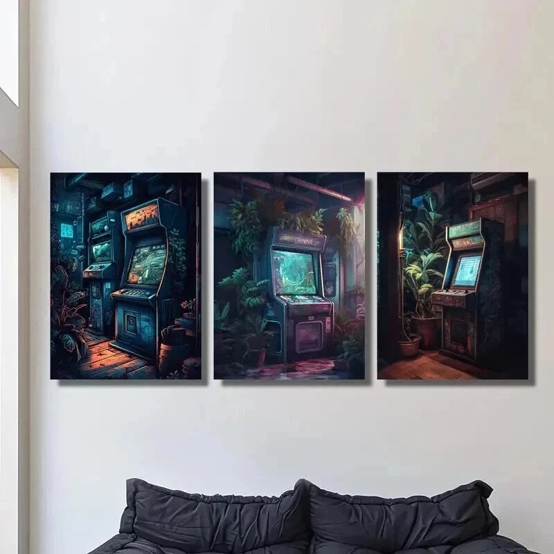 3pcs Retro Arcade Nostalgic Gaming Scenery Wall Art Set Canvas Framed 60x90cm - High Quality Print 100% Australian Made Wall Canvas Ready to Hang