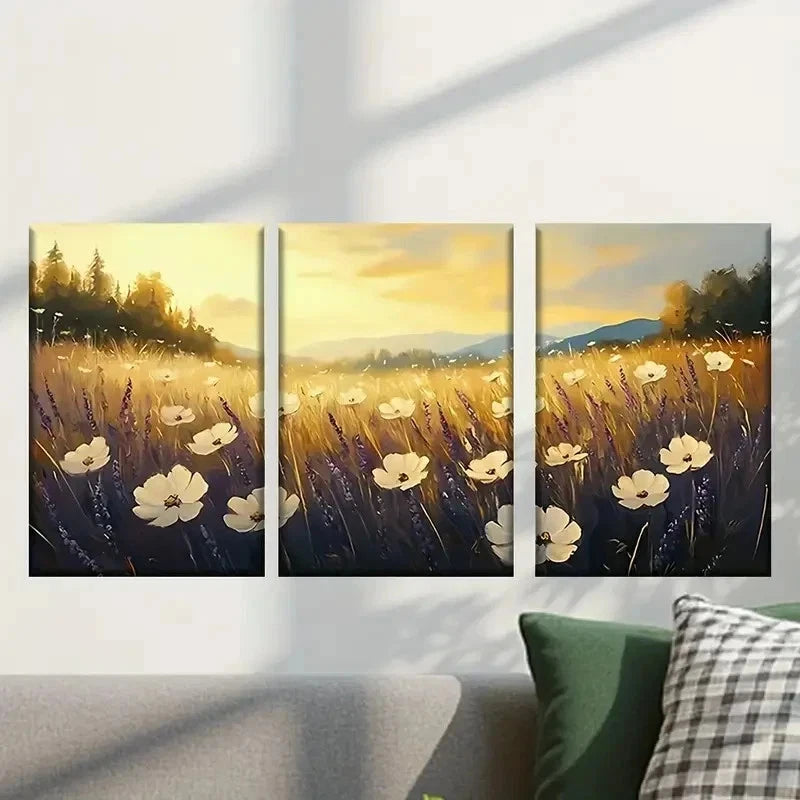 3pcs Sunset Meadow with Wildflowers Wall Art Set Canvas Framed 40x60cm - High Quality Print 100% Australian Made Wall Canvas Ready to Hang