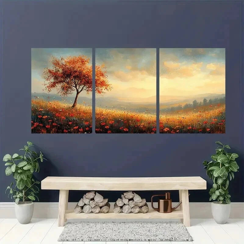 3pcs Landscape Painting with Trees Wildflowers Wall Art Set Canvas Framed 40x60cm - High Quality Print 100% Australian Made Wall Canvas Ready to Hang
