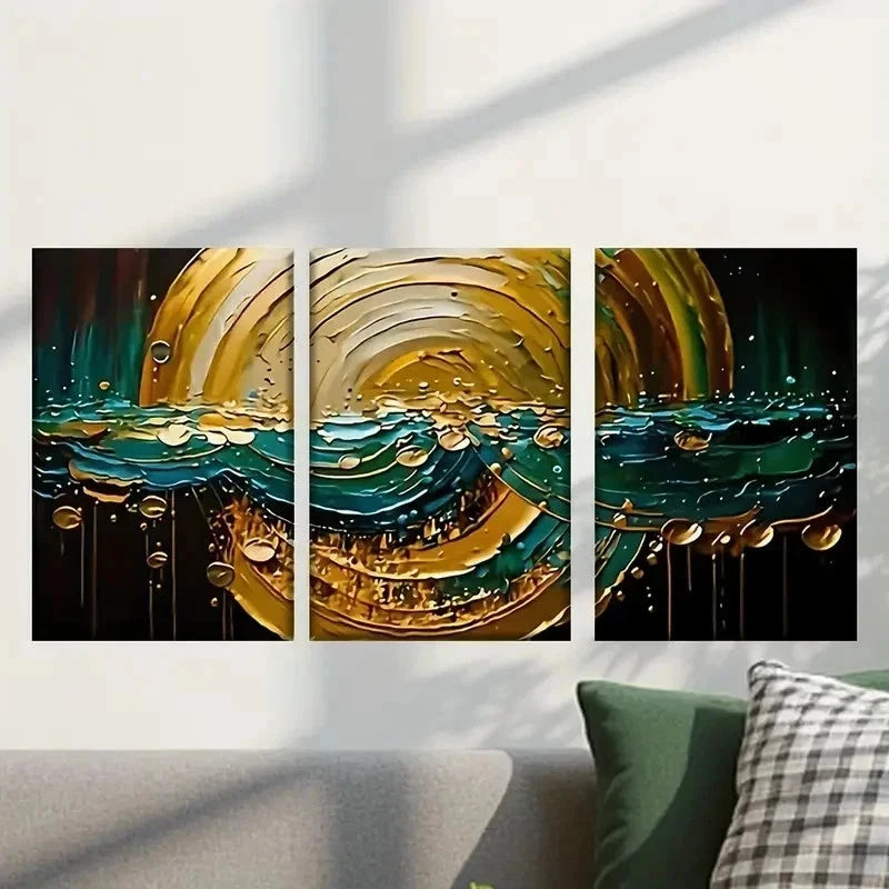 3pcs Painting of a Golden And Blue Wave Wall Art Set Canvas Framed 40x60cm - High Quality Print 100% Australian Made Wall Canvas Ready to Hang