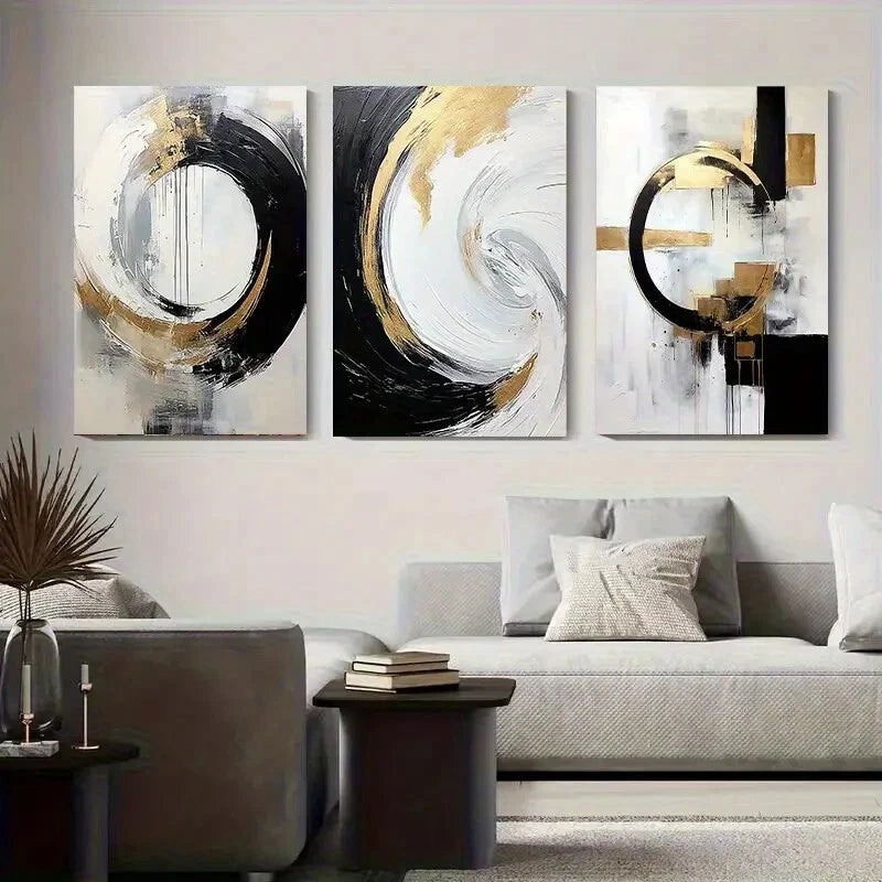 3pcs Abstract Geometric Circle Golden Perfect Wall Art Set Canvas Framed 40x60cm - High Quality Print 100% Australian Made Wall Canvas Ready to Hang