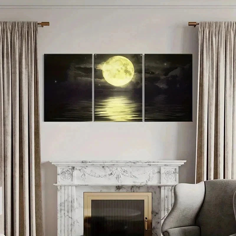 3pcs Full Moon Ocean Natural Landscape Wall Art Set Canvas Framed 40x60cm - High Quality Print 100% Australian Made Wall Canvas Ready to Hang