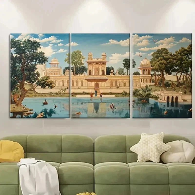 3pcs Mughal Era Palace Scene Décor Perfect Wall Art Set Canvas Framed 40x60cm - High Quality Print 100% Australian Made Wall Canvas Ready to Hang