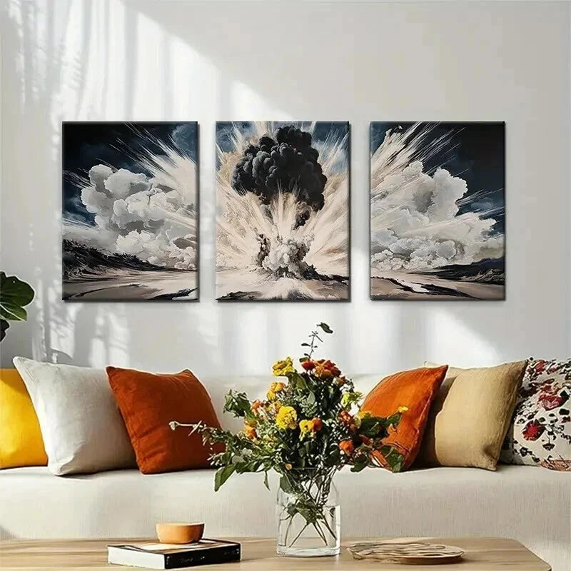 3pcs Dramatic Smoke Blast Black & White Perfect Wall Art Set Canvas Framed 40x60cm - High Quality Print 100% Australian Made Wall Canvas Ready to Hang