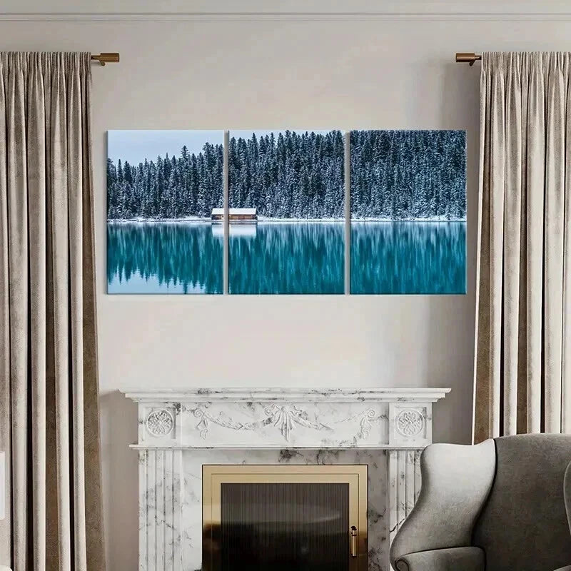 3pcs Snow Cabin Lake Forest Modern Wall Art Set Canvas Framed 40x60cm - High Quality Print 100% Australian Made Wall Canvas Ready to Hang