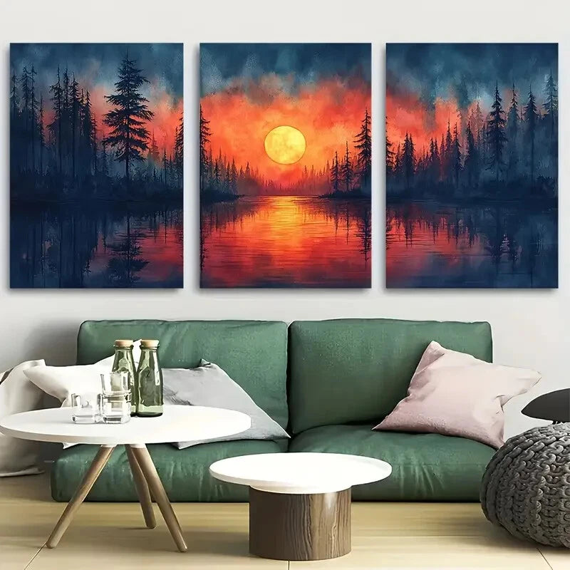 3pcs Vibrant Sunset Lake Sunset Décor Perfect Wall Art Set Canvas Framed 40x60cm - High Quality Print 100% Australian Made Wall Canvas Ready to Hang