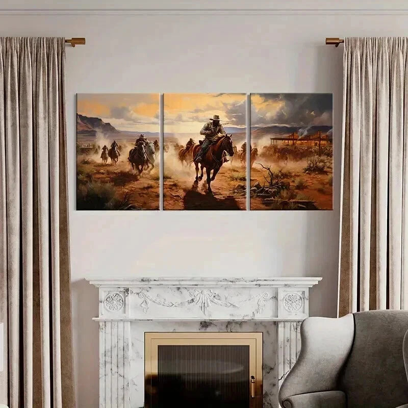 3pcs Landscape with Cowboy on Horseback Wall Art Set Canvas Framed 40x60cm - High Quality Print 100% Australian Made Wall Canvas Ready to Hang