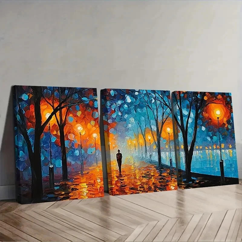 Three-panel painting of a stylized forest scene with trees, lights, and a person walking.