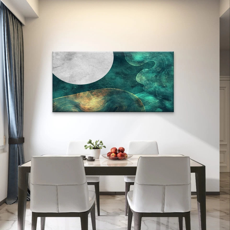 Teal and Gold Abstract Moon Landscape Wall Art Canvas Office Home Framed 120x60cm