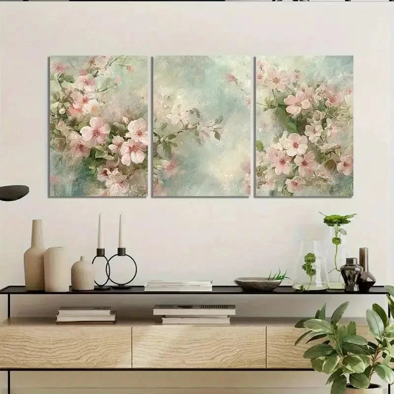 3pcs Vintage Floral Wallpaper Pastel Pink Wall Art Set Canvas Framed 50x70cm - High Quality Print 100% Australian Made Wall Canvas Ready to Hang