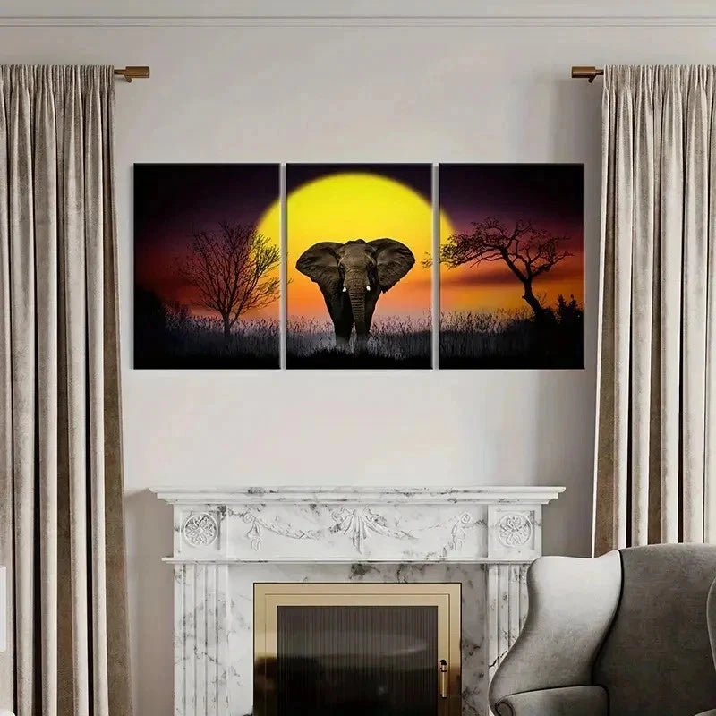 3pcs African Elephant Sunset Modern Wall Art Set Canvas Framed 40x60cm - High Quality Print 100% Australian Made Wall Canvas Ready to Hang