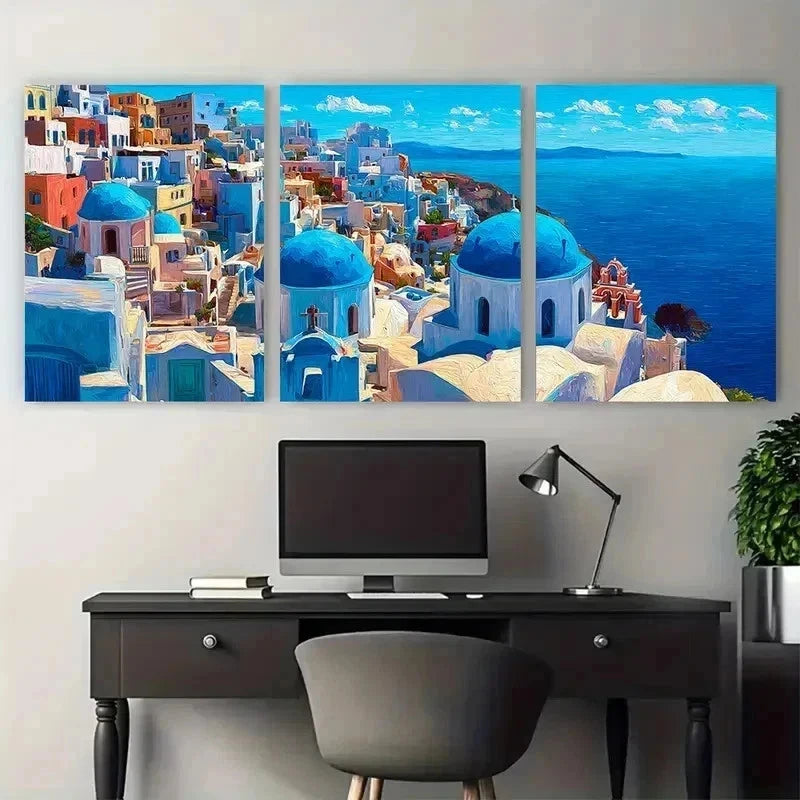 3pcs Aegean Sea Santorini Greece Blue Perfect Wall Art Set Canvas Framed 50x70cm - High Quality Print 100% Australian Made Wall Canvas Ready to Hang