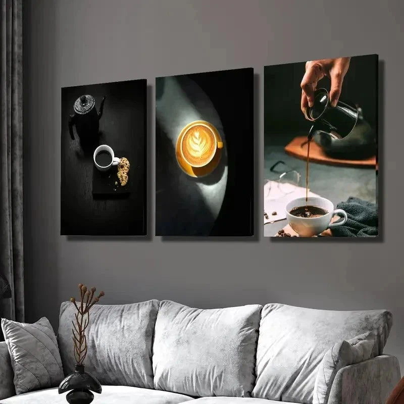 3pcs Black Coffee & Cake Espresso Perfect Wall Art Set Canvas Framed 40x60cm - High Quality Print 100% Australian Made Wall Canvas Ready to Hang
