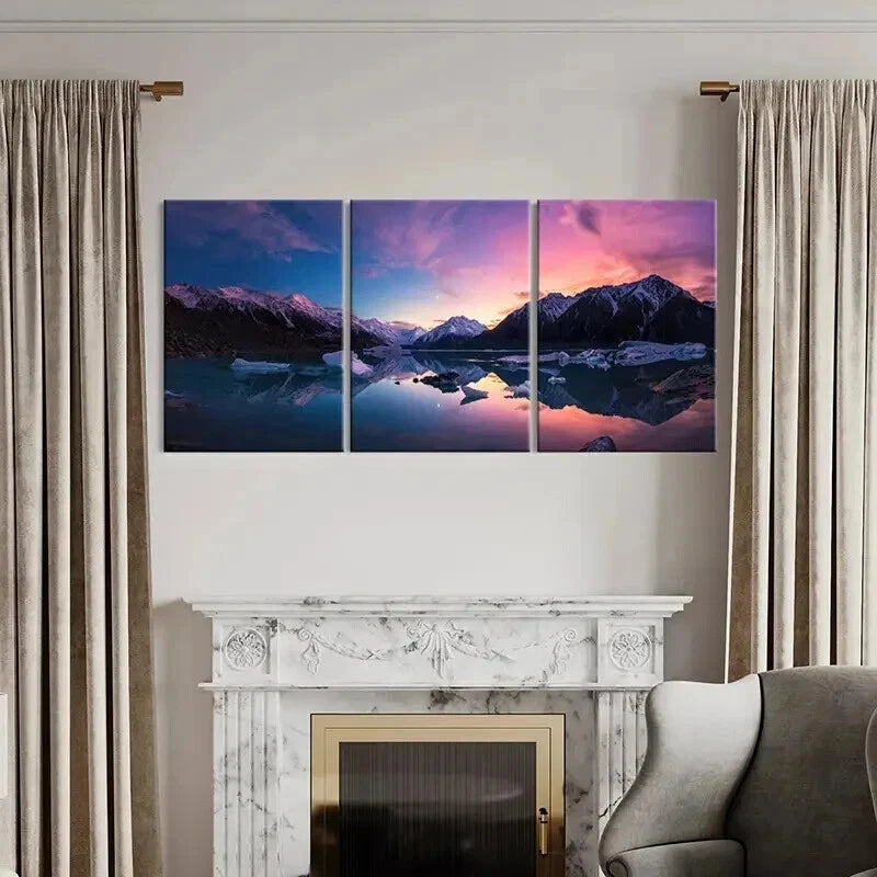 3pcs Sunset Through Snow Mountains & Lake Wall Art Set Canvas Framed 60x90cm - High Quality Print 100% Australian Made Wall Canvas Ready to Hang
