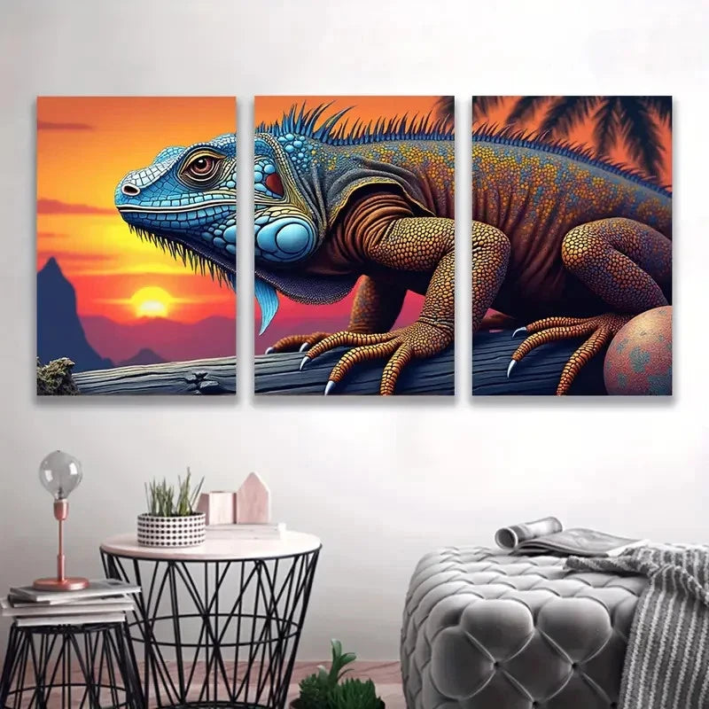 3pcs Vibrant Iguana Sunset Triptych D Wall Art Set Canvas Framed 60x90cm - High Quality Print 100% Australian Made Wall Canvas Ready to Hang