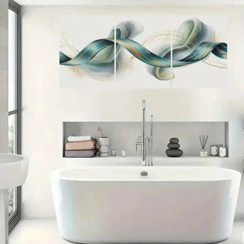 3pcs Teal Ribbon, Golden Accents Wall Art Set Canvas Framed 60x90cm - High Quality Print 100% Australian Made Wall Canvas Ready to Hang