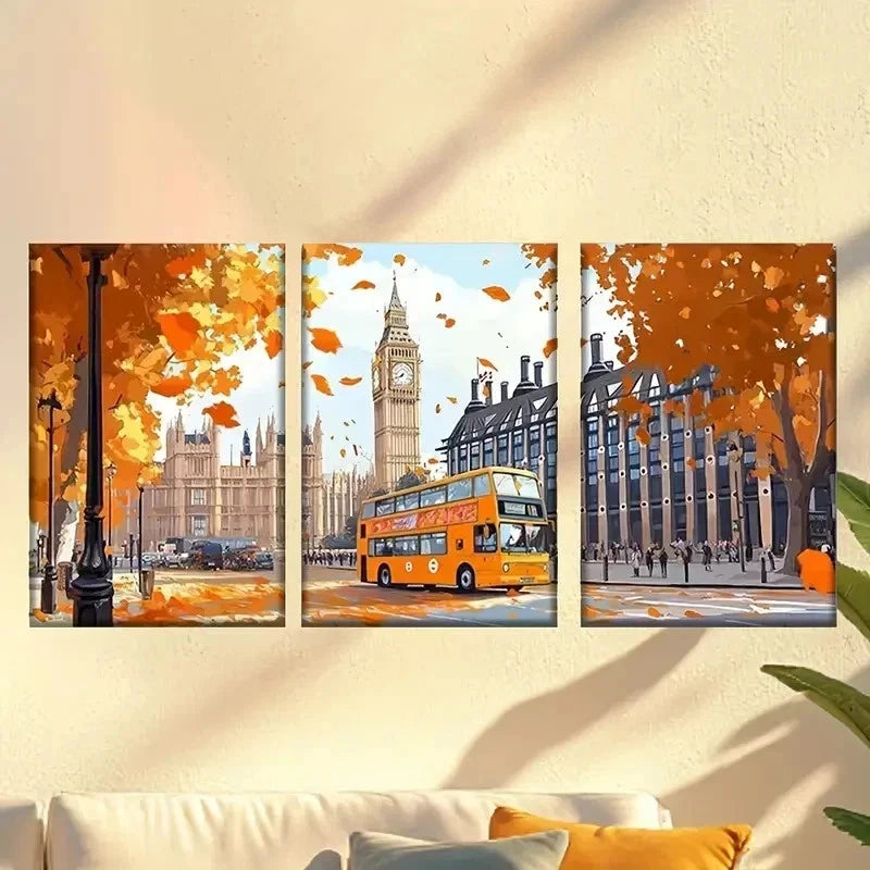 3pcs Featuring a Bus Traveling Along a Road Wall Art Set Canvas Framed 40x60cm - High Quality Print 100% Australian Made Wall Canvas Ready to Hang