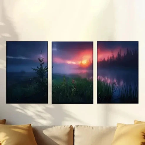 3pcs Sunset with Pine Trees & Misty Mountains Wall Art Set Canvas Unframed – High Quality Print 100% Australian Made Wall Canvas