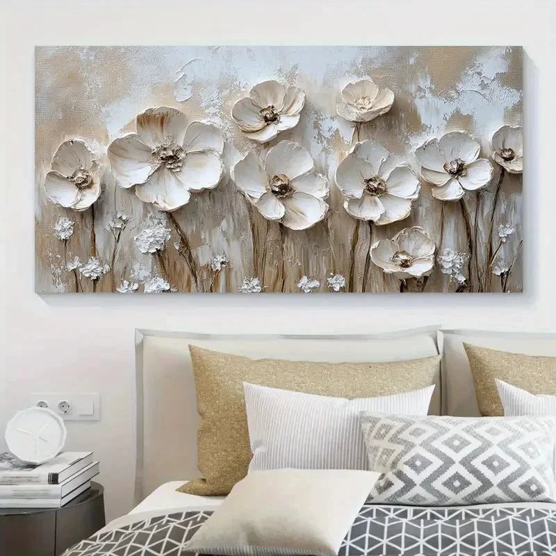 Abstract White & Beige Floral Wall Art Canvas Office Home Room Framed 120x60cm
