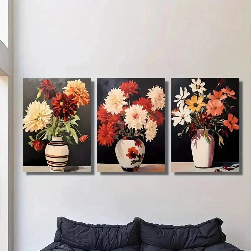 3pcs Colorful Red Orange White Flowers in Vases Wall Art Set Canvas Framed 40x60cm - High Quality Print 100% Australian Made Wall Canvas Ready to Hang