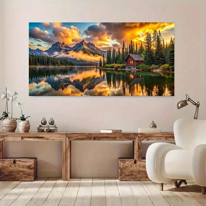 Golden Life Tree, Mountain,Lake Art wall canvas office home room framed 120x60cm