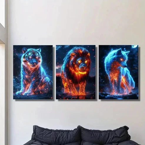 3pcs Burning Tiger Lion and Wolf Illustration Wall Art Canvas Unframed - High Quality Print 100% Australian Made Wall Canvas
