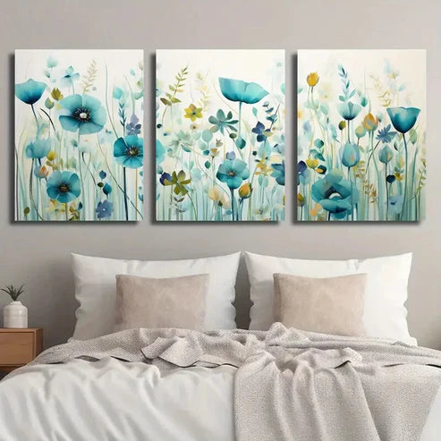3pcs Beautiful Light Blue Wildflower Field Wall Art Set Canvas Unframed - High Quality Print 100% Australian Made Wall Canvas
