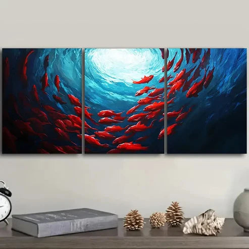 3pcs Colorful Red Fish Spiraling in the Perfect Wall Art Set Canvas Unframed - High Quality Print 100% Australian Made Wall Canvas