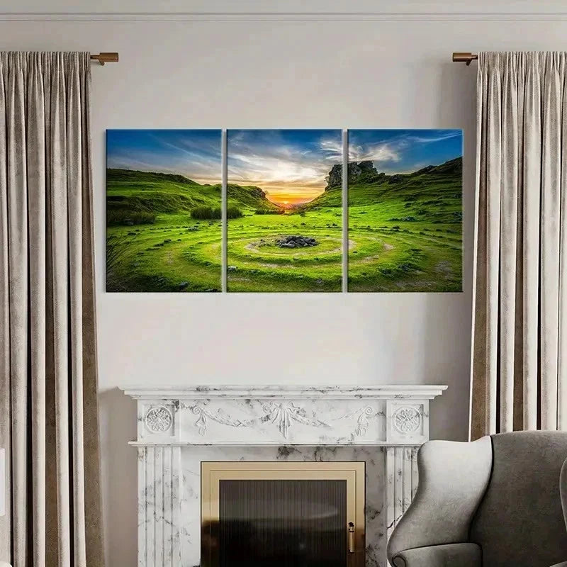 3pcs Green Grass Sunset Scenery Natural Wall Art Set Canvas Framed 40x60cm - High Quality Print 100% Australian Made Wall Canvas Ready to Hang